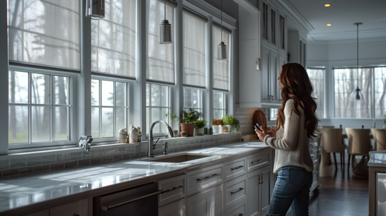Woman in kitchen looking toward large windows, sunlight, countertop, neutral color scheme.