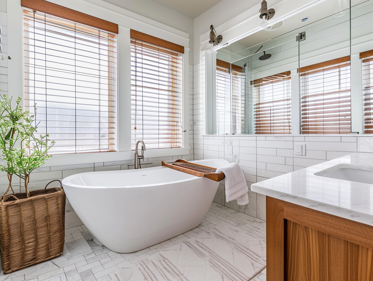 Bright white bathroom with oval tub, wood blinds, and marble tile.