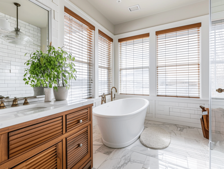 Bathroom with a white freestanding tub, wood blinds, and a wood vanity with a potted plant.