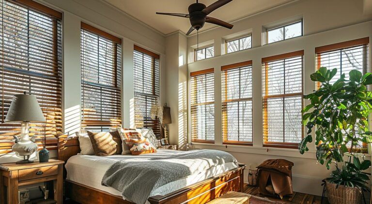 Bedroom with many windows, wooden blinds, bed, nightstand, plants, and ceiling fan. Sunlight streams in.
