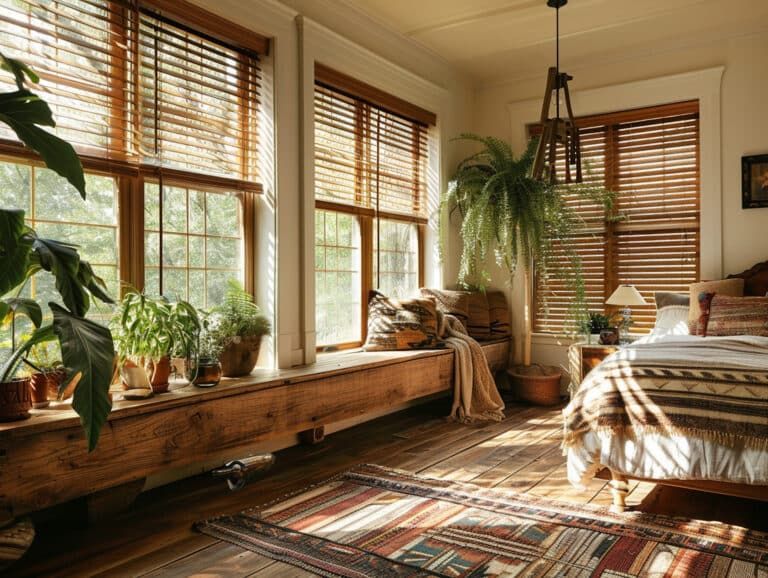 Bedroom with sunlit windows, wood blinds, plants, a rug, and a bed.
