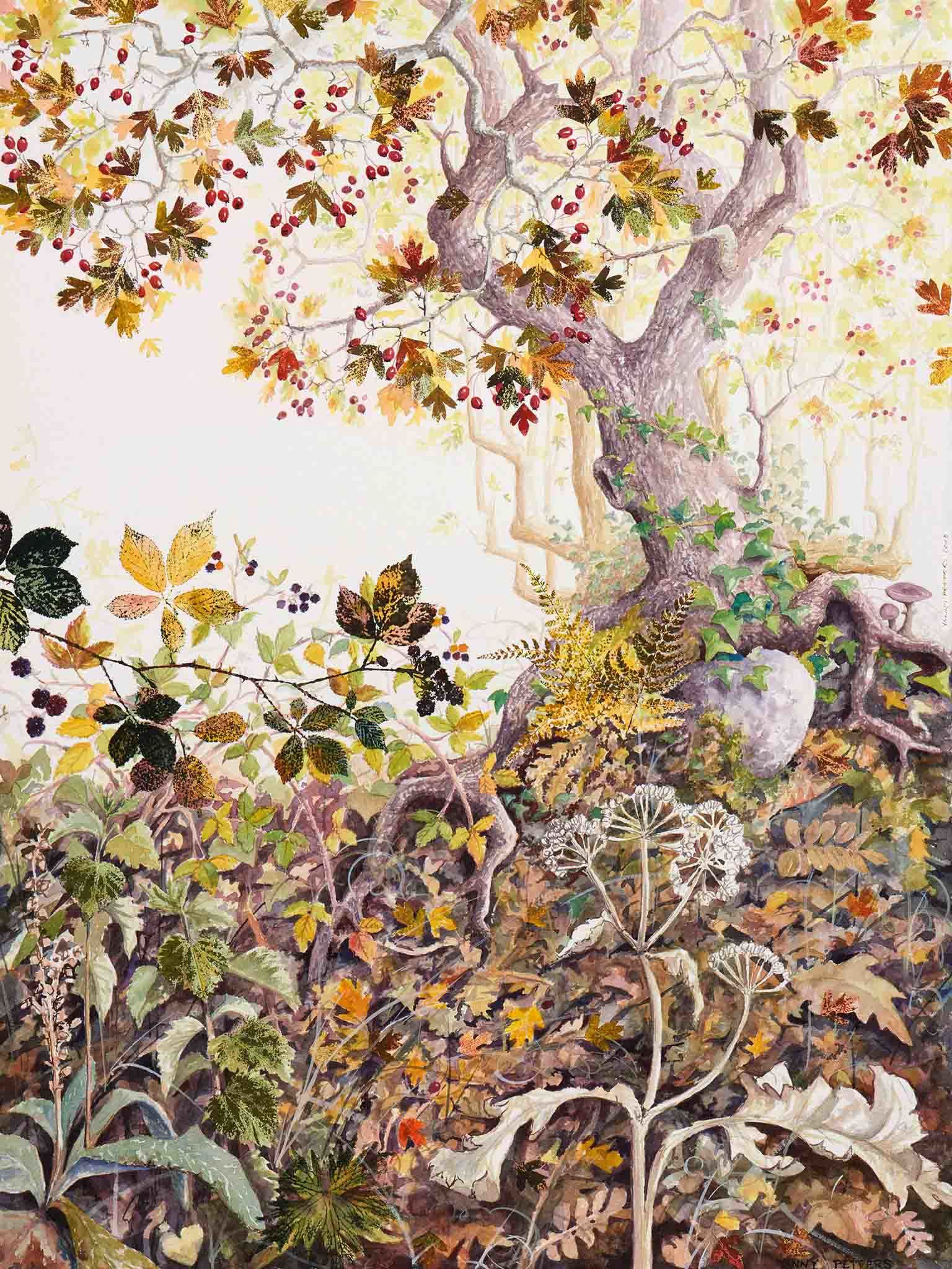 Watercolour of Autumn in a Hedgerow by Yanny Petters at Olivier Cornet Gallery
