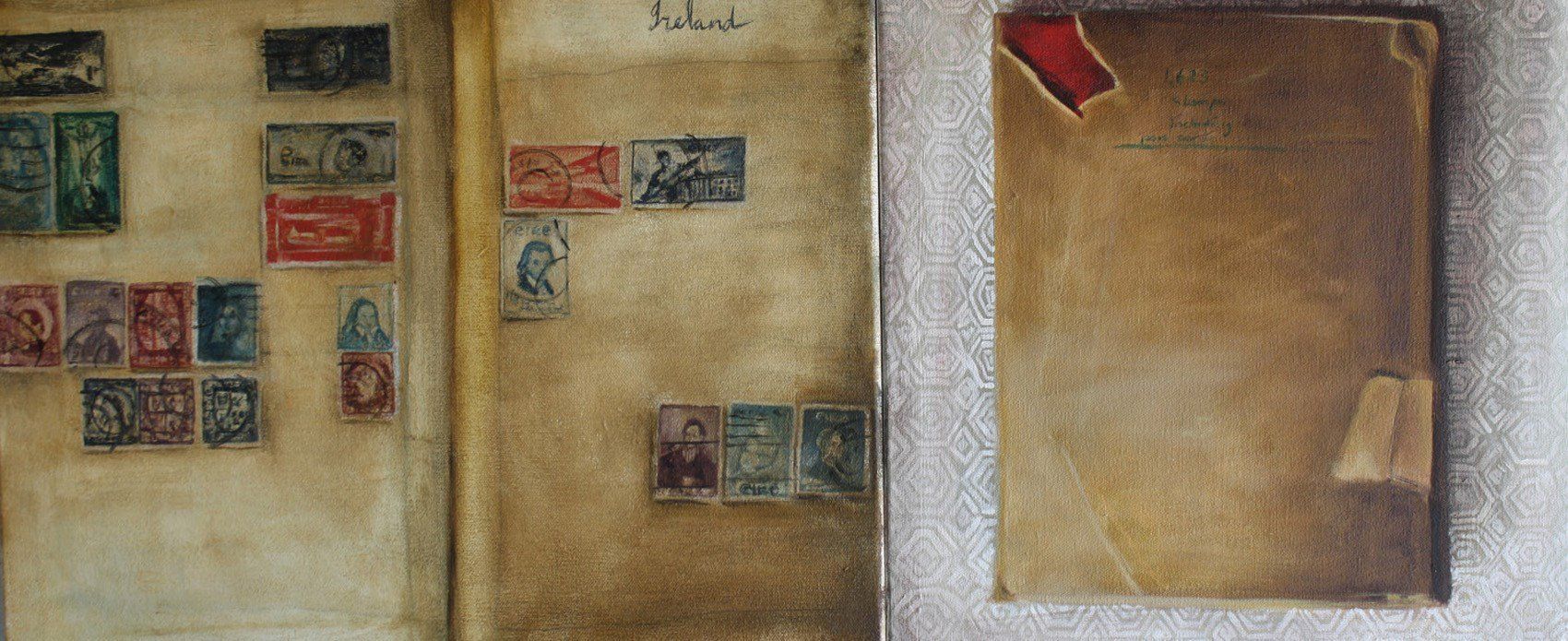 Mams stamp collection, a painting by Irish artist Miriam McConnon, Olivier Cornet Gallery Dublin