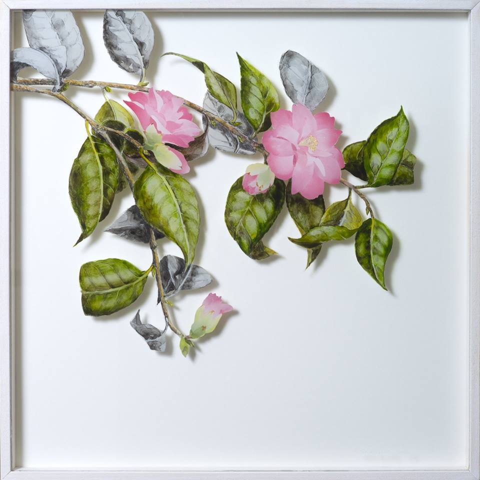 Camellia, April, a verre églomisé painting by Irish artist Yanny Petters, Olivier Cornet Gallery