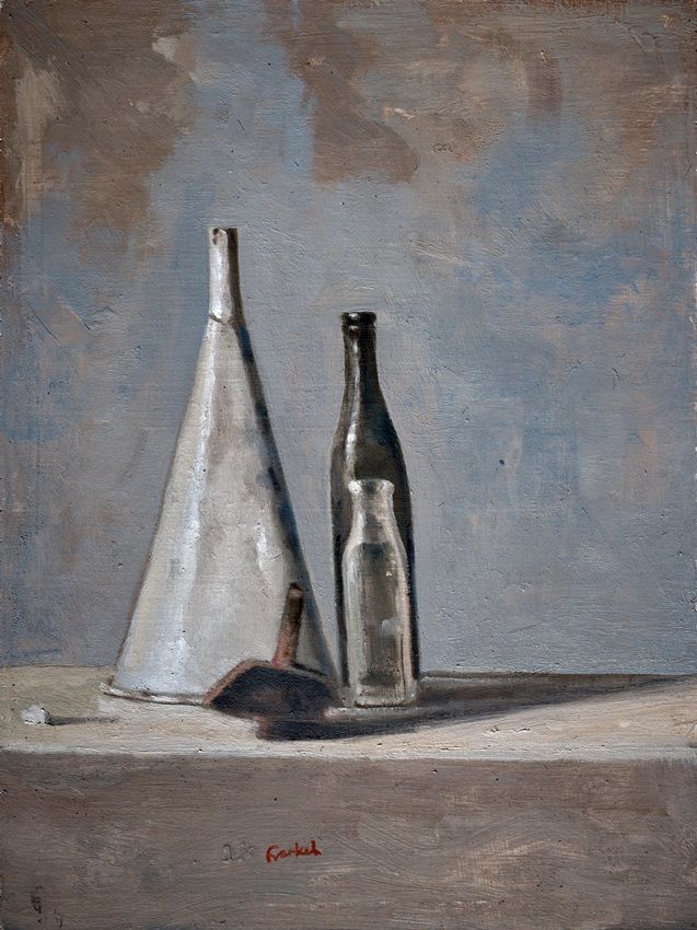 Conrad Frankel's painting French funnel with bottles, part of the artist's May-June 2026 solo show at the Olivier Cornet Gallery, Dublin