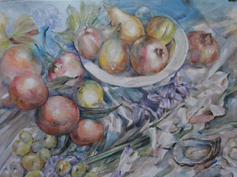 Painting of Olives, oysters, oranges & pears by John Keating at Olivier Cornet Gallery