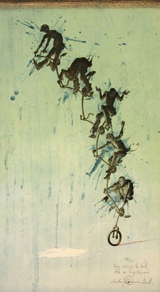 Painting of 5 ways to fall off a cycle by Kelvin Mann at Olivier Cornet Gallery