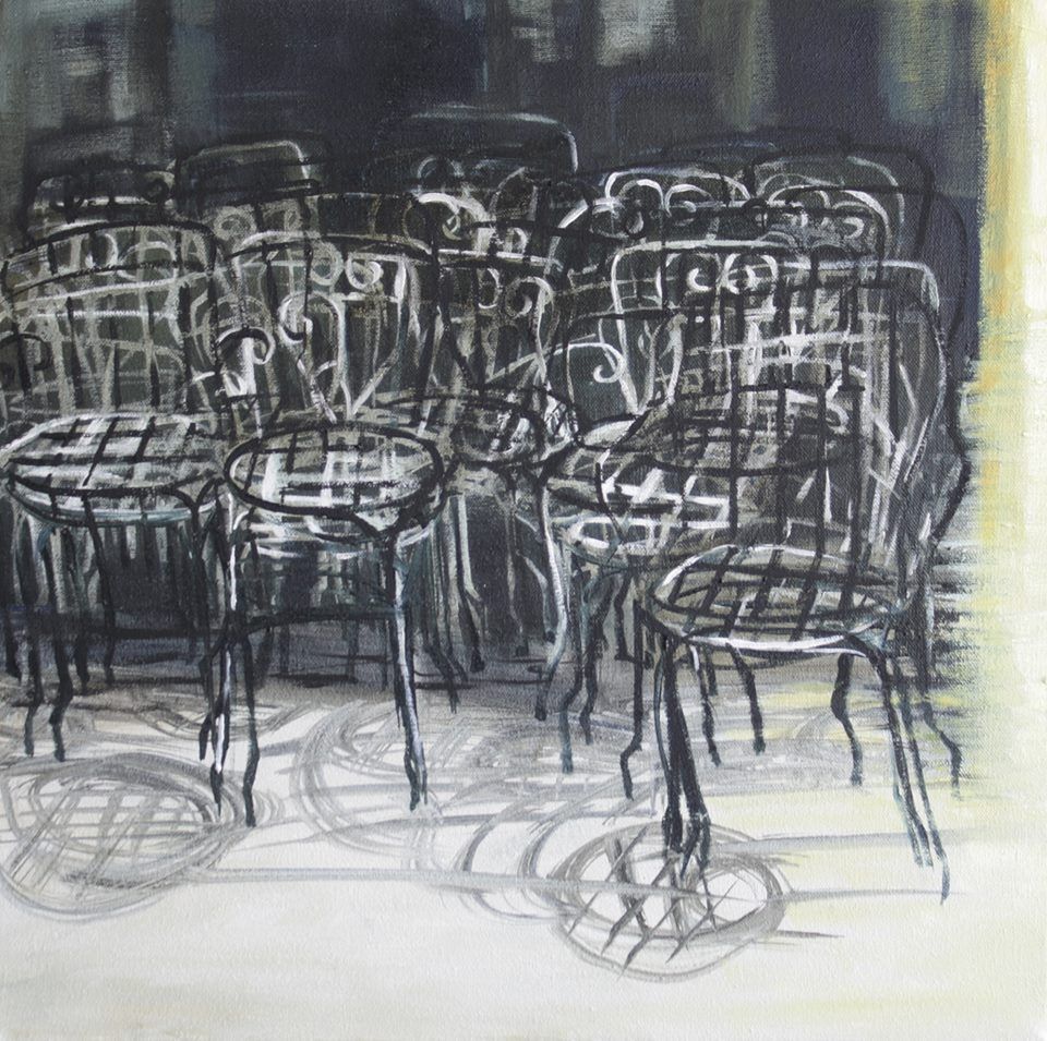 Tangled Chairs, a beautiful painting by Miriam McConnon, available for purchase at the Olivier Cornet Art Gallery Dublin