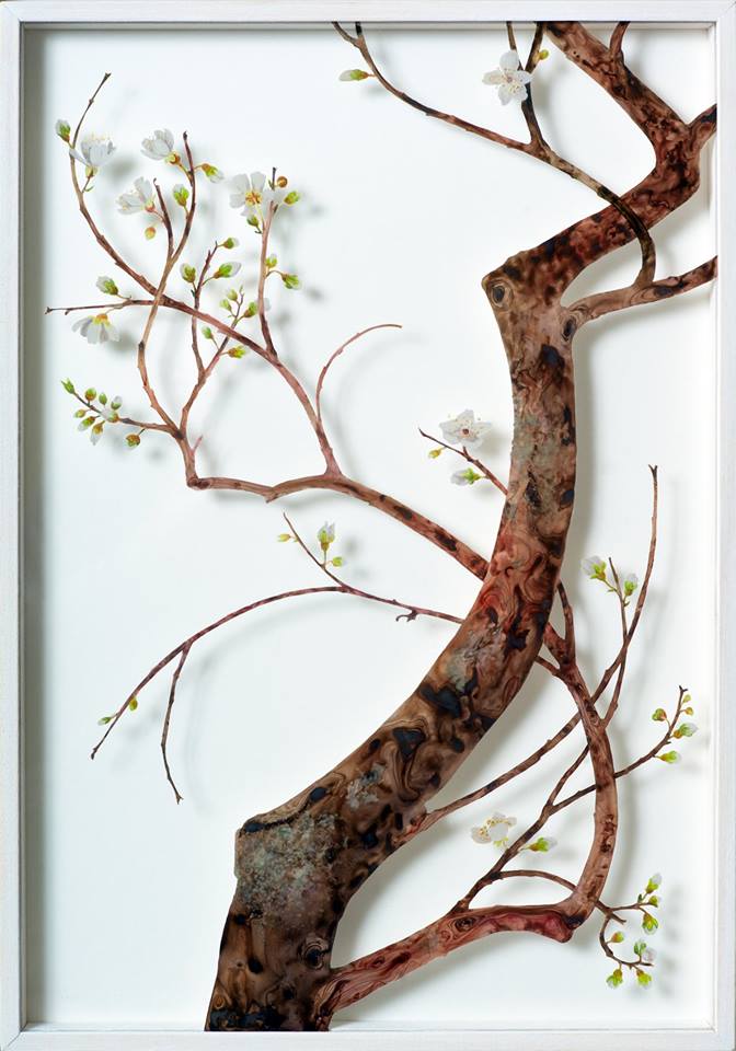 Plum Blossom, February, a verre églomisé painting by Irish artist Yanny Petters, Olivier Cornet Gallery