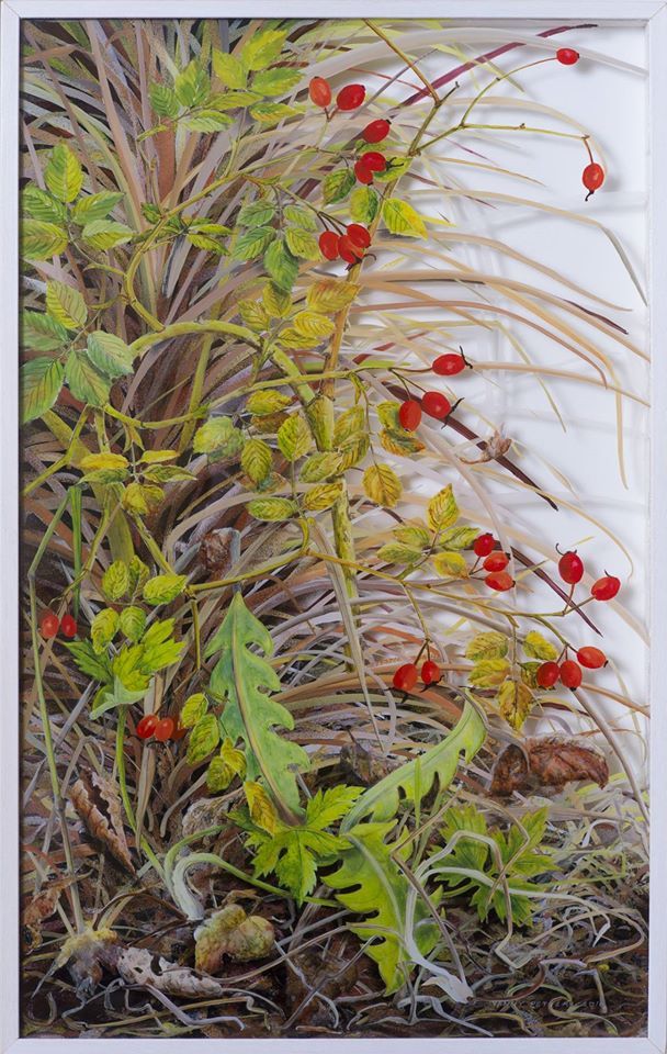 Rosehips with palm fronds, October, a verre églomisé painting by Irish artist Yanny Petters, Olivier Cornet Gallery