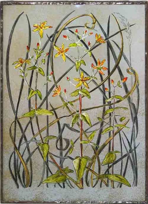 Yanny Petters' Slender St. John’s Wort, a beautiful verre églomisé painting (reverse painting on glass), part of the artist's 2008 solo show Fieldwork, organised by Olivier Cornet at the Riverside Gallery, Bridgewater Centre, Arklow (Co. Wicklow).