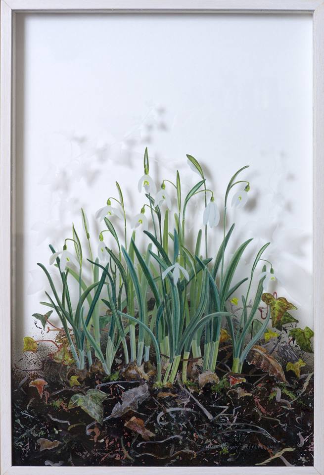 Snowdrops, January, a verre églomisé painting by Irish artist Yanny Petters, Olivier Cornet Gallery
