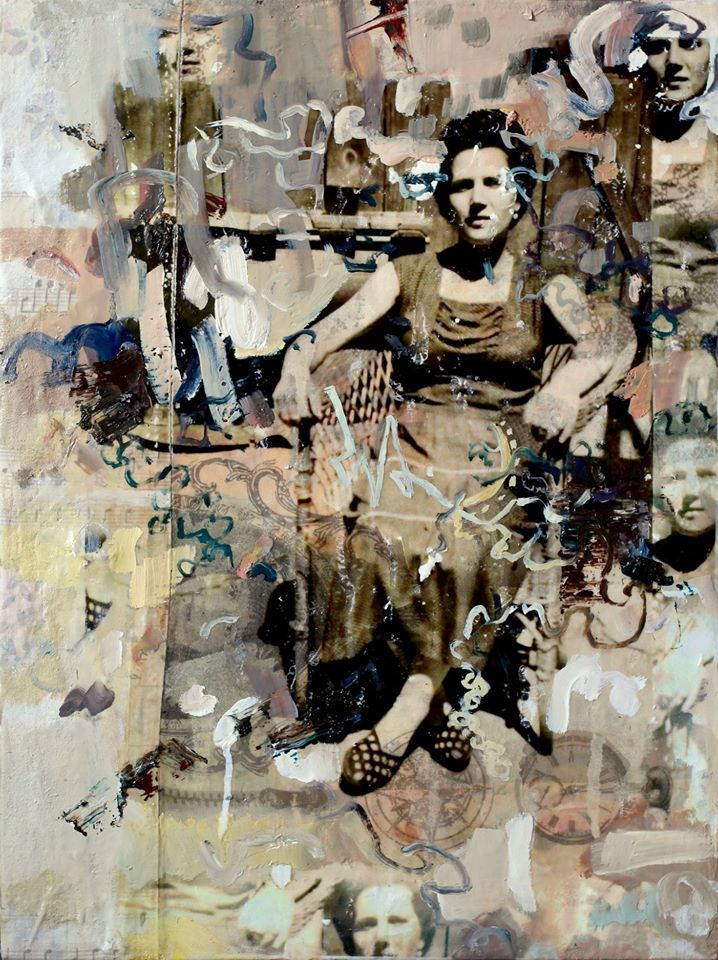 Susanne Wawra, Frau Lisa Kahlo, oil, acrylic and image transfer on patterned bedclothes on canvas, 40x30x1.5 cm, Olivier Cornet Gallery, Dublin