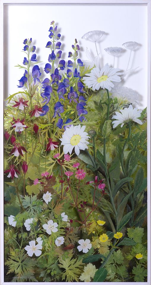 The flower border, June, a verre églomisé painting by Irish artist Yanny Petters, Olivier Cornet Gallery