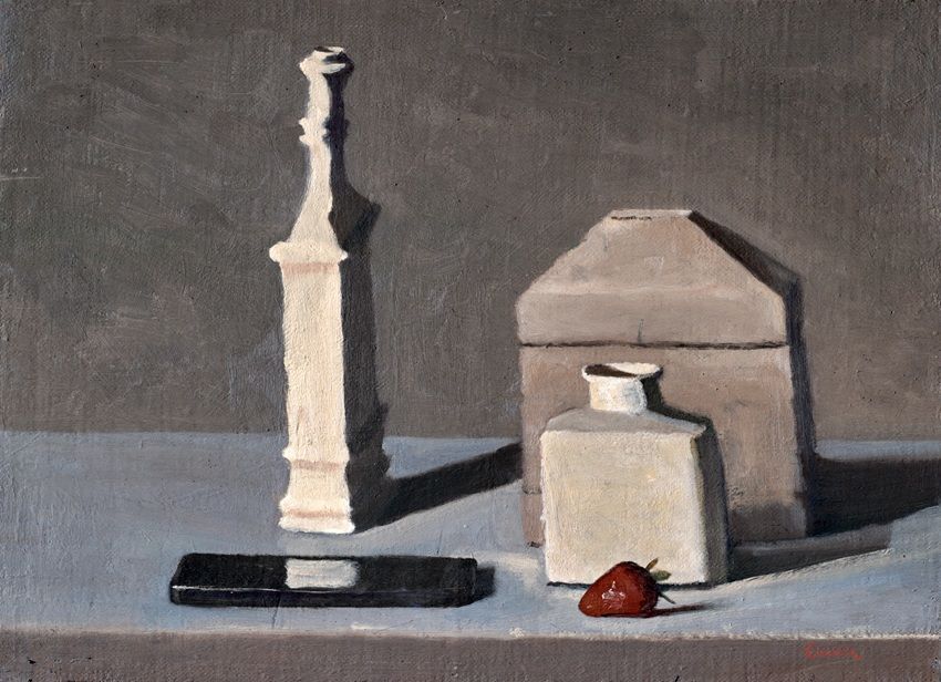 Conrad Frankel's painting Persian vase with iPhone and butterchurch, part of the artist's May-June 2026 solo show at the Olivier Cornet Gallery, Dublin