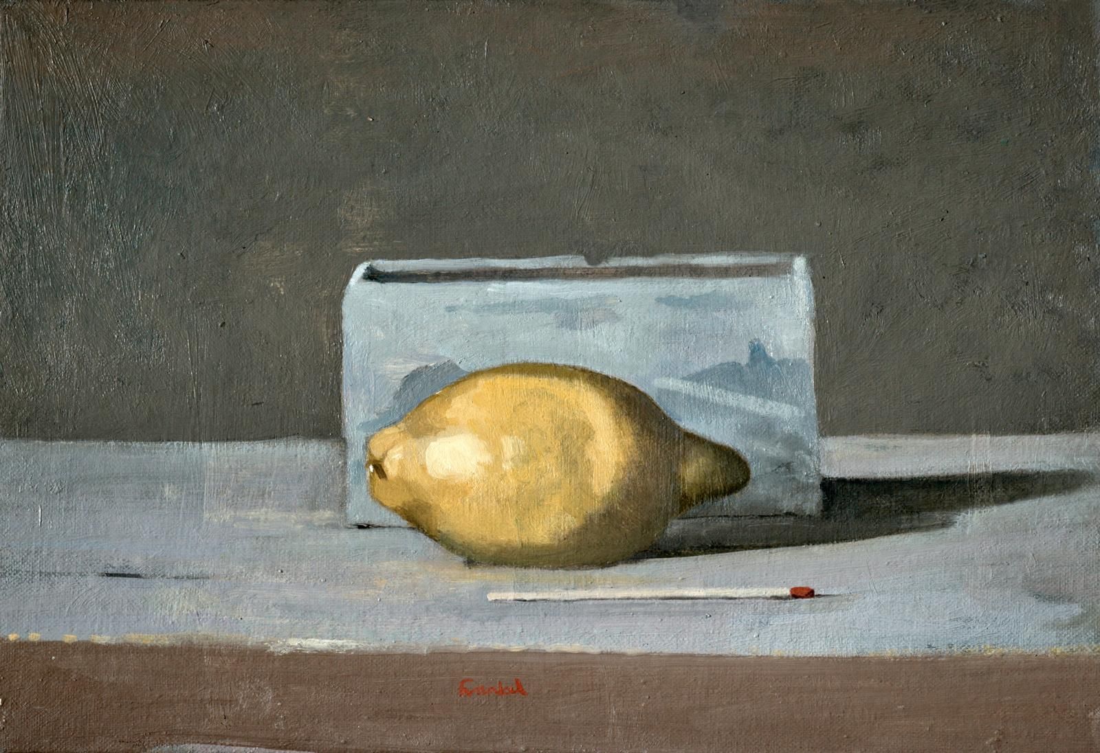 Conrad Frankel's painting Delft brick with Sicilian lemon, part of the artist's May-June 2026 solo show at the Olivier Cornet Gallery, Dublin