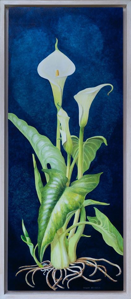 Yanny Petters, Calla Lily Blue, oil on gesso panel, 106 x 46 cm