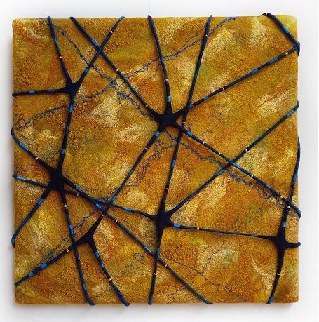 Annika Berglund, Connections; blue on gold, felted wool, 60x60cm, Olivier Cornet Gallery