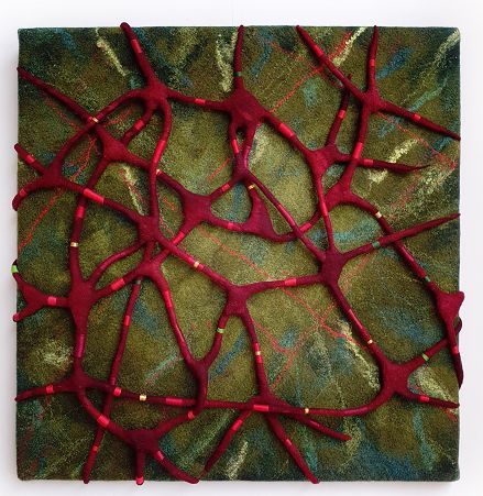 Annika Berglund, Connections; red on green, felted wool, 60x60cm, Olivier Cornet Gallery