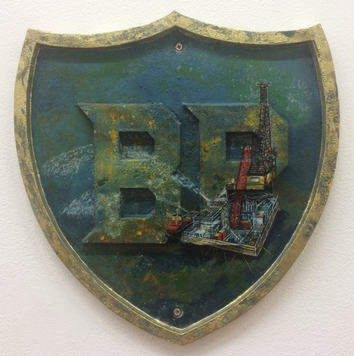 Claire Halpin, Deep Water horizon III, acrylic on found metal sign, part of the Olivier Cornet Gallery exhibition '2° C', a group show on climate change supported by the EPA Ireland