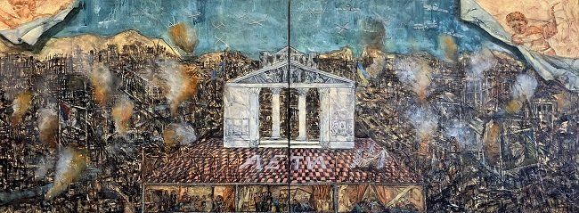 Claire Halpin, Fall of Mariupol Diptych, oil painting, Olivier Cornet Gallery Dublin