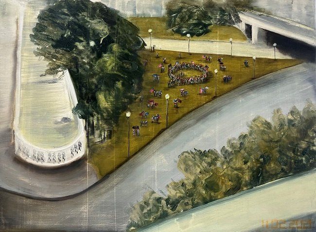 Claire Halpin, Grassy Knoll Revisited, oil painting, Olivier Cornet Gallery Dublin