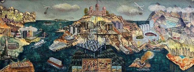 Claire Halpin, Panoramic Pandemic Diptych, oil painting, Olivier Cornet Gallery Dublin