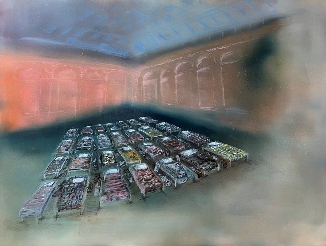 Claire Halpin, Theatre Shelter - Mariupol, oil painting, Olivier Cornet Gallery Dublin