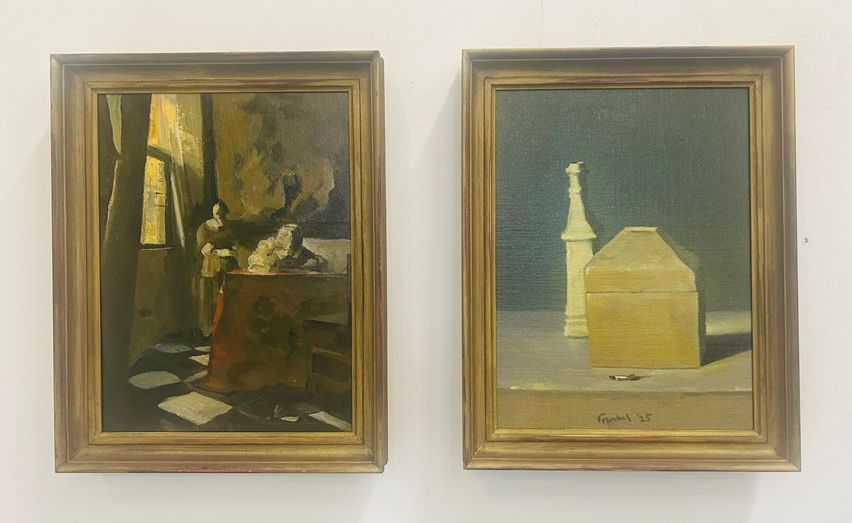 A Homage to Dublin Vermeer, diptych, two paintings by Conrad Frankel, in response to Vermeer's painting ‘Woman Writing a Letter, with her Maid’, part of Olivier Cornet Gallery's group show 'Ode to Giants', launching during Dublin Gallery Weekend 2025.