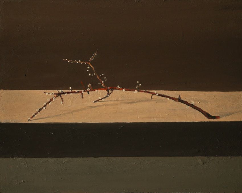 Blackthorn branch in blossom II, a painting by Conrad Frankel, part of the artist's solo show Spring Opens Forever In Eternity at Olivier Cornet Gallery, Dublin