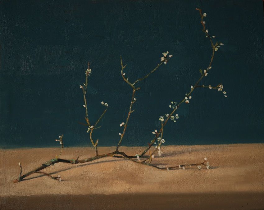 Blackthorn branch  in blossom, a painting by Conrad Frankel, part of the artist's solo show Spring Opens Forever In Eternity at Olivier Cornet Gallery, Dublin