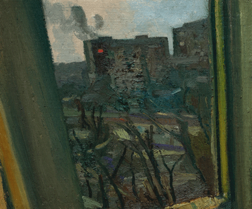 Burning Apartment Block, a painting by Conrad Frankel, Olivier Cornet Art Gallery Dublin