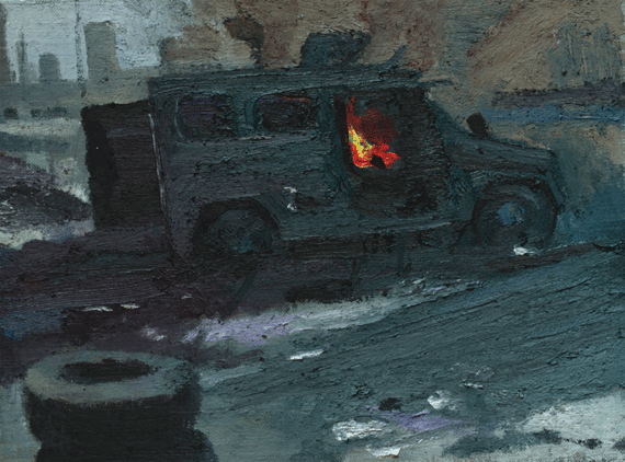 Burning Vehicule, a painting by Conrad Frankel, Olivier Cornet Art Gallery Dublin