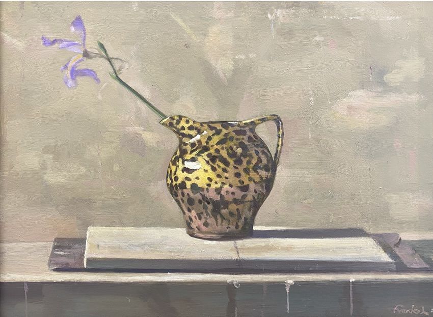 Iris in a spotted jug, a painting by Conrad Frankel, part of the artist's solo show Spring Opens Forever In Eternity at Olivier Cornet Gallery, Dublin