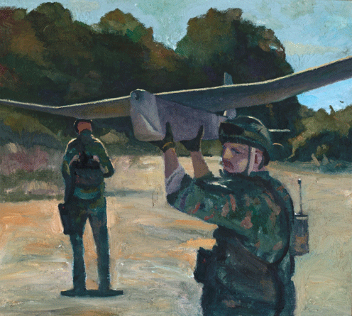 Kamikaze Drone, a painting by Conrad Frankel, Olivier Cornet Art Gallery Dublin