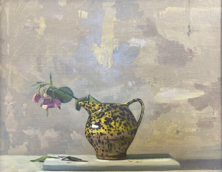 Pink rose in a spotted jug, a painting by Conrad Frankel, part of the artist's solo show Spring Opens Forever In Eternity at Olivier Cornet Gallery, Dublin