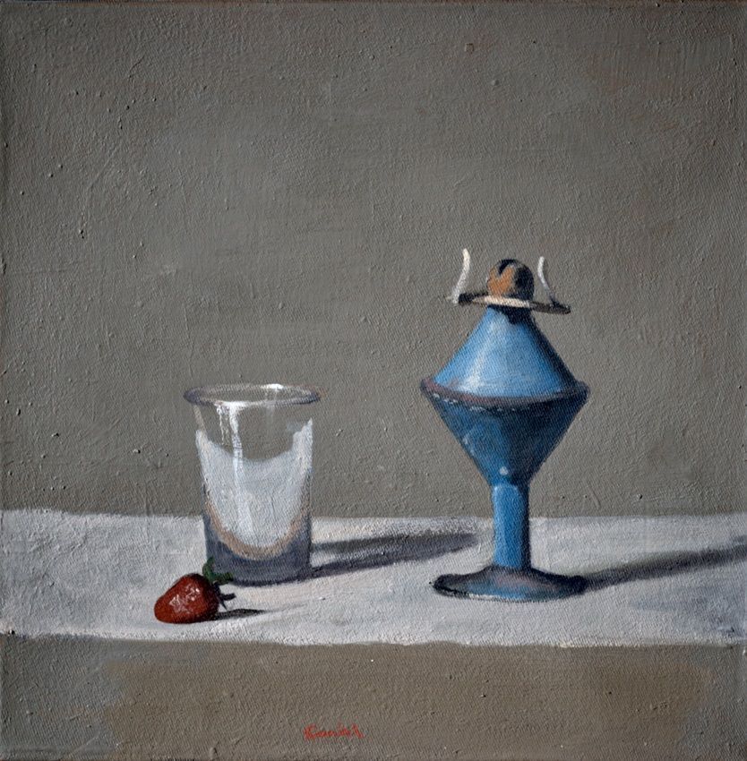 Conrad Frankel's painting Roman lamp with French glass and strawberry, part of the artist's May-June 2026 solo show at the Olivier Cornet Gallery, Dublin