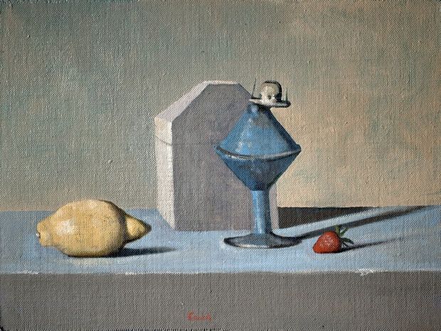 Conrad Frankel, Roman lamp with butterchurch and fruit, oil on linen laid on wood, 30x40cm, part of the artist's solo show 'Silent Light' running at the Olivier Cornet Gallery from 21 May to 14 June 2026