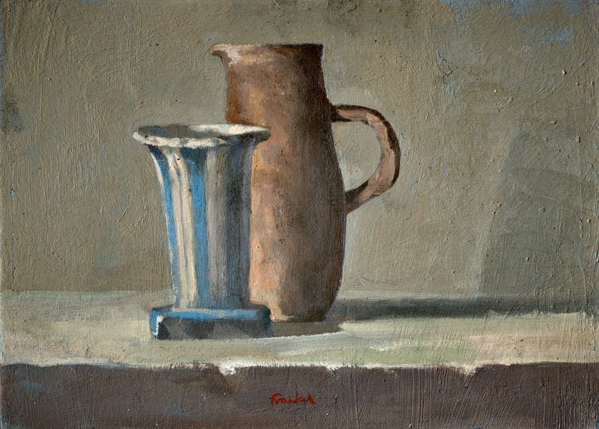 Conrad Frankel's painting Stripy vase with ceramic jug, part of the artist's May-June 2026 solo show at the Olivier Cornet Gallery, Dublin