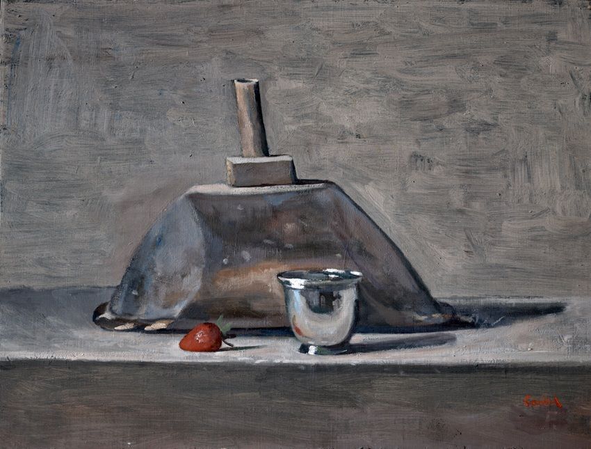 Conrad Frankel's painting Wooden funnel with cork silver bowl and strawberry, part of the artist's May-June 2026 solo show at the Olivier Cornet Gallery, Dublin