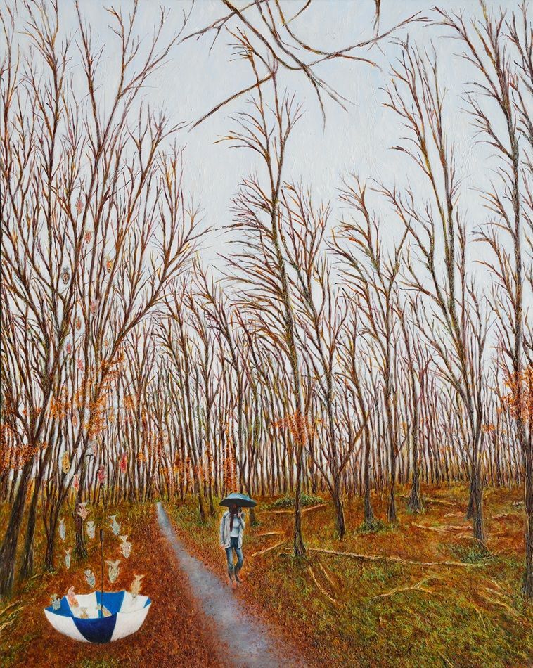 Autumn Stroll, a painting by Daniel Lipstein, part of the artist's solo show Self Portrait with a Pet and a Bathtub, Olivier Cornet Gallery, Dublin