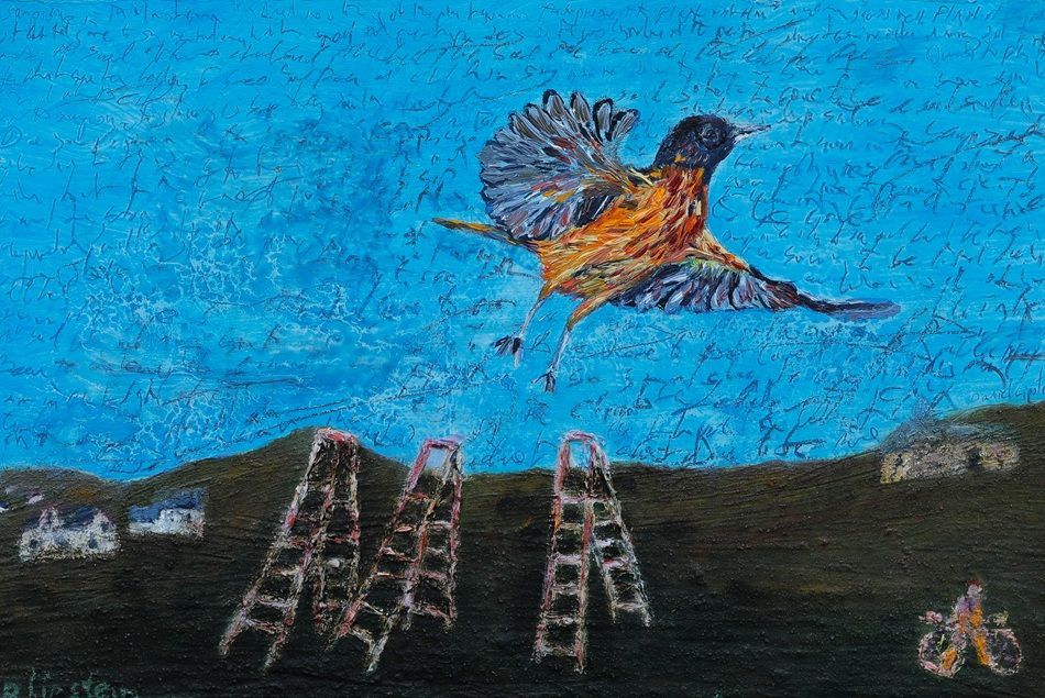 Climb 2, a painting by Daniel Lipstein, part of the artist's solo show Self Portrait with a Pet and a Bathtub, Olivier Cornet Gallery, Dublin