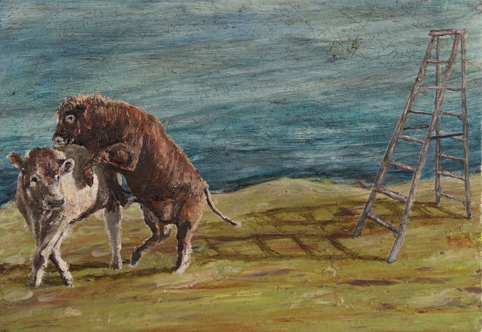 Climb, a painting by Daniel Lipstein, part of the artist's solo show Self Portrait with a Pet and a Bathtub, Olivier Cornet Gallery, Dublin