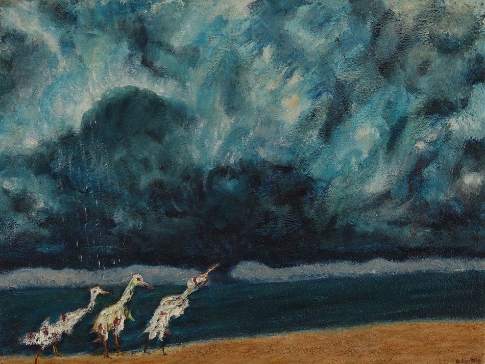Crazed Birds on a Stormy Shore, a painting by Daniel Lipstein, part of the artist's solo show Self Portrait with a Pet and a Bathtub, Olivier Cornet Gallery, Dublin