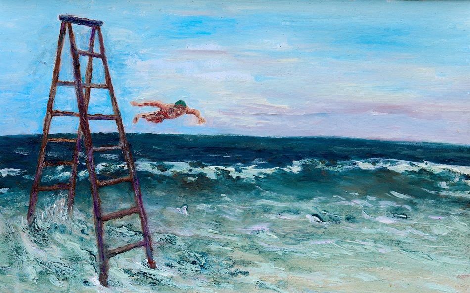 Elevated Swim, (climb 6), a painting by Daniel Lipstein, part of the artist's solo show Self Portrait with a Pet and a Bathtub, Olivier Cornet Gallery, Dublin