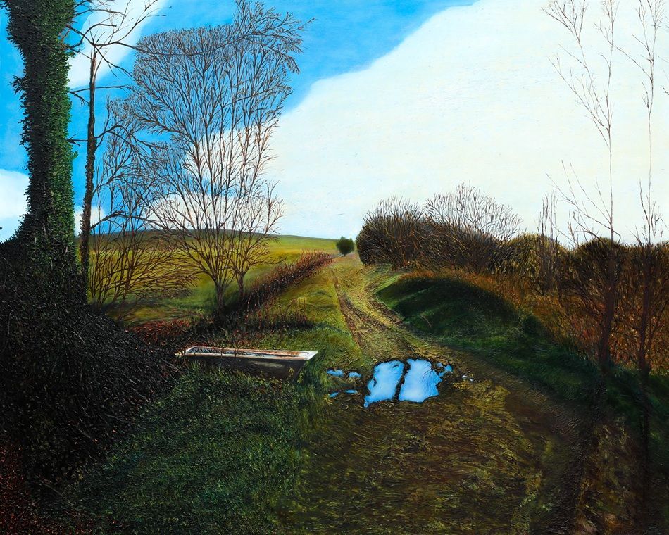 Daniel Lipstein, Local Bathtub, oil on canvas, 120x150 cm, part of the artist's  solo show Self Portrait with a Pet and a Bathtub at Olivier Cornet Gallery, October 2025