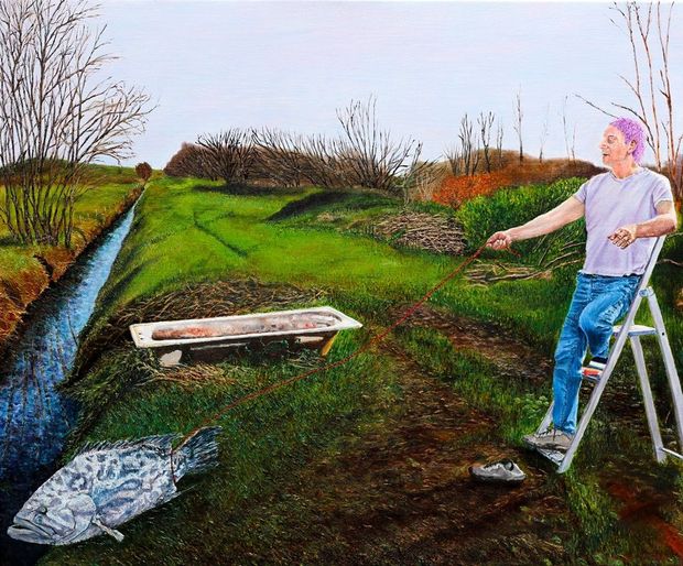 Daniel Lipstein, Self Portrait with a Pet and a Bathtub, (Climb 8), oil on linen, 71x85 cm, 2025. Part of the artist's solo show show Self Portrait with a Pet and a Bathtub, running from 8 October to 2 November 2025, Olivier Cornet Art Gallery, Dublin