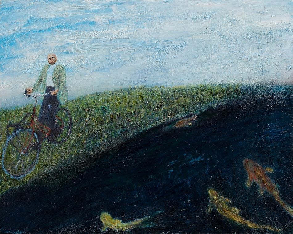 Sky Spirit Riding a Bike, a painting by Daniel Lipstein, part of the artist's solo show Self Portrait with a Pet and a Bathtub, Olivier Cornet Gallery, Dublin
