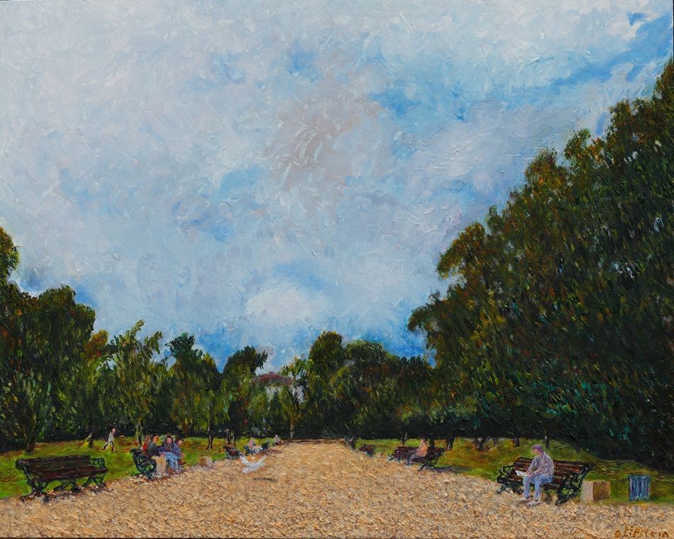 Summer Day in the Iveagh Gardens, a painting by Daniel Lipstein, part of the artist's solo show Self Portrait with a Pet and a Bathtub, Olivier Cornet Gallery, Dublin