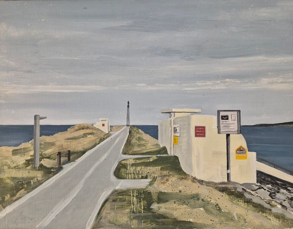The Bathing Shelters,  a painting by David Fox, part of the Olivier Cornet Gallery's 2025 Bloomsday / Summer group exhibition Out of Lines
